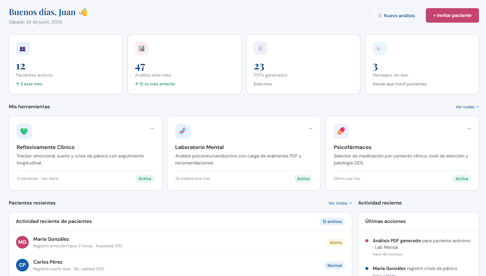 Dashboard del profesional en navegador web
